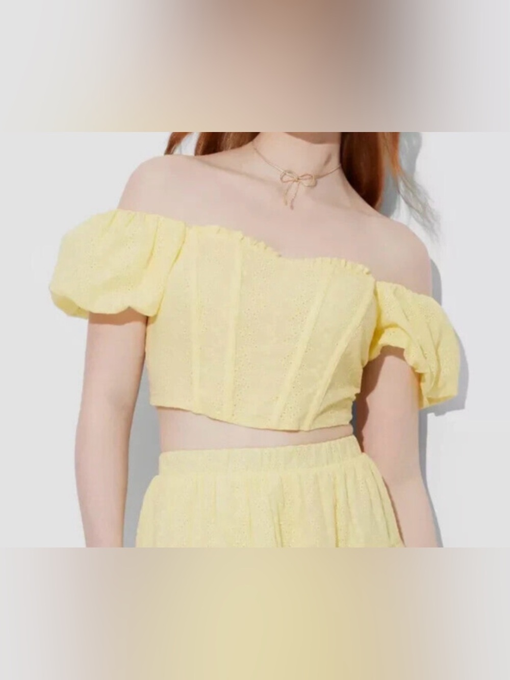 Wild Fable Yellow Eyelet Puff-Sleeve Square-Neck Top
